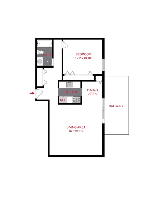 Floor plan for 1 bed, 1 bath, 700 sqft
